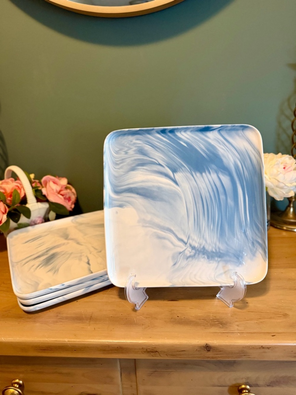 Blue White Marble Square Dinner Plates Set 4 Coastal Cottage